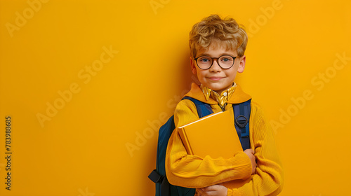 Funny smiling child school boy with glasses hold books on yellow background, back to school concept.