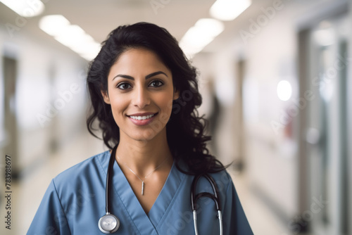 A female Hispanic or Indian doctor standing in a busy hospital hallway smiles and looks directly at the camera.