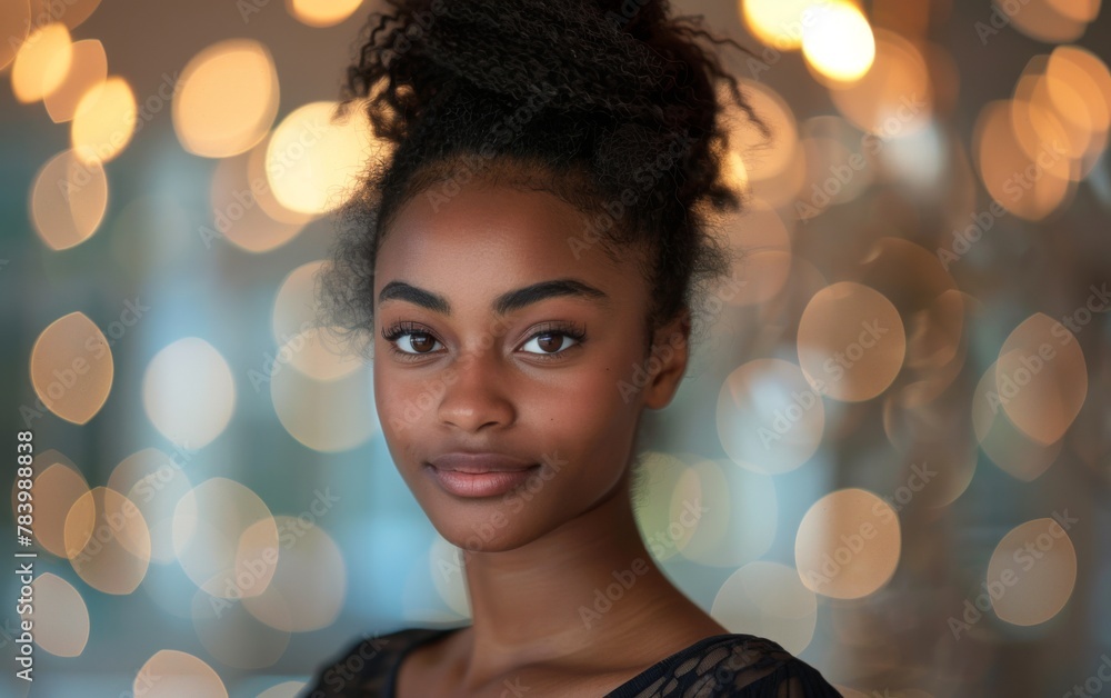 A woman with dark hair and a black dress is smiling. She has a very pretty face. The background is blurry, which gives the photo a dreamy, artistic feel A woman with dark hair and a black dress is smiling. She has a very pretty face. The background is blurry, which gives the photo a dreamy, artistic feel