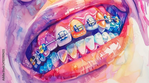 Watercolor Close-Up of Child s Smile with Braces