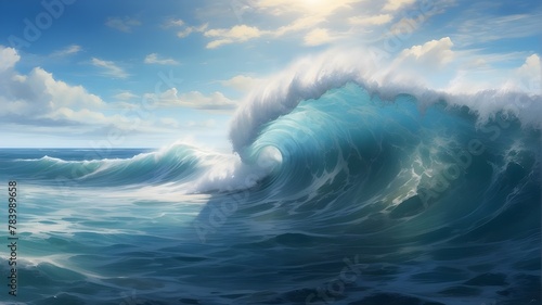 There's a big wave smashing into the sea. The sky is clear, and the water is blue.