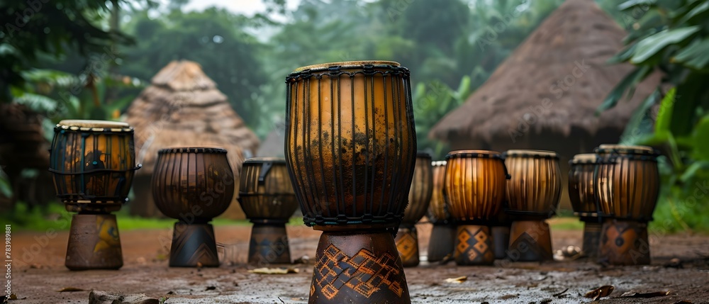 African Drums: Rhythmic Heartbeat of the Village. Concept Music, Tradition, Culture, Instrument, African Village - obrazy, fototapety, plakaty 