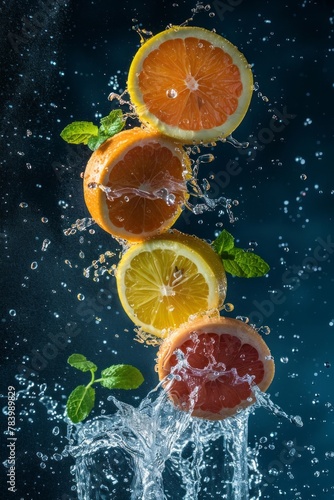 Freshly sliced orange  lemon  and grapefruit with water droplets suspended in motion against a blue backdrop