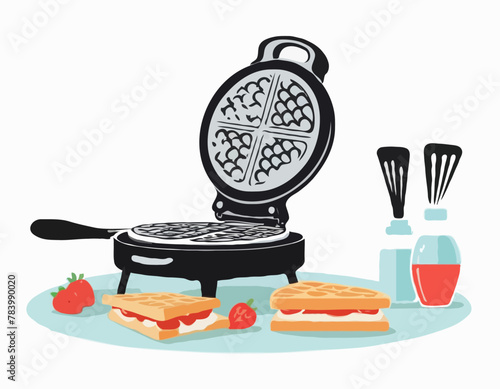 Kitchen modern technical sandwich maker, gadget waffle iron device icon flat vector illustration, isolated on white. Design cooking stuff
