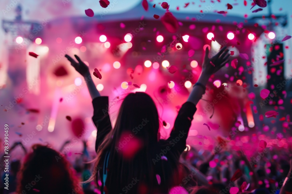 A moment of jubilation is captured as a silhouette rejoices amongst a blur of colorful confetti at a festive gathering