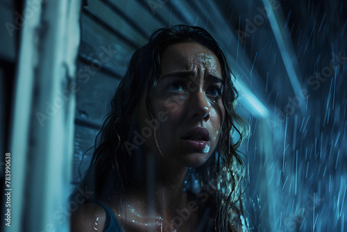 Horrified woman, scared girl stands near house in rain at night, fear theme