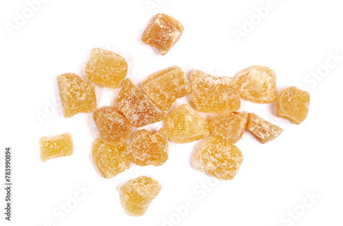 Dry ginger cubes isolated on white, top view