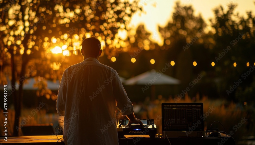 Silhouette of a DJ mixing music outdoors with a beautiful sunset in the background, showcasing a summer music festival