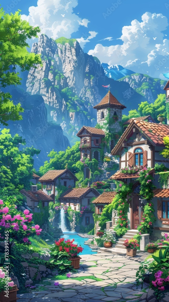 A mountain village with a castle and a waterfall. The castle is surrounded by a lush green forest and the waterfall is a beautiful sight. The village is peaceful and serene