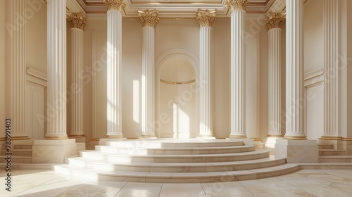 A large, empty room with white pillars and a marble A large, empty room with white pillars and a marble staircase. The room is very spacious and has a very elegant and sophisticated feel to it