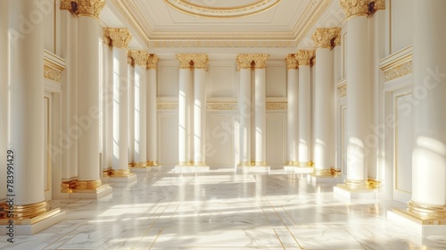 A large, empty room with white pillars and gold accents. The room is very spacious and has a very elegant and luxurious feel to it © AW AI ART