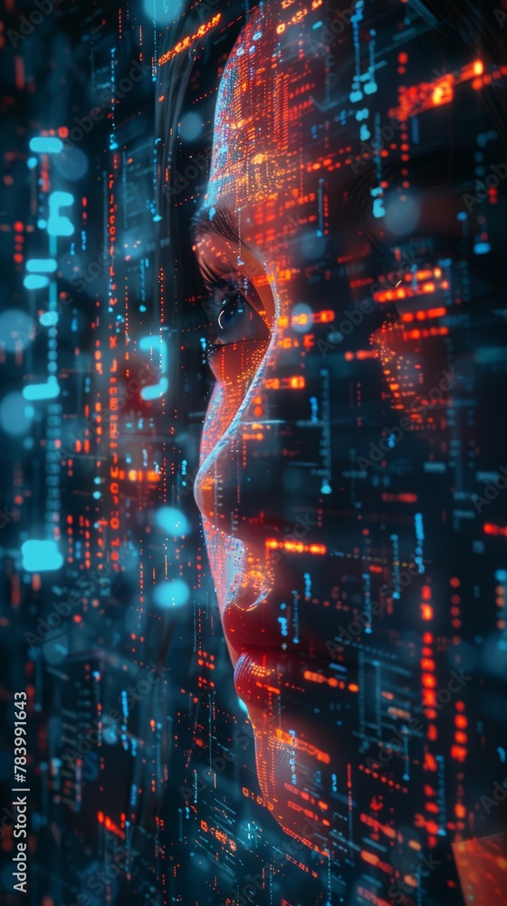 A woman's face is shown in a computer generated image with a lot of red and blue colors. The image is abstract and has a futuristic feel to it A woman's face is shown in a computer generated image with a lot of red and blue colors. The image is abstract and has a futuristic feel to it