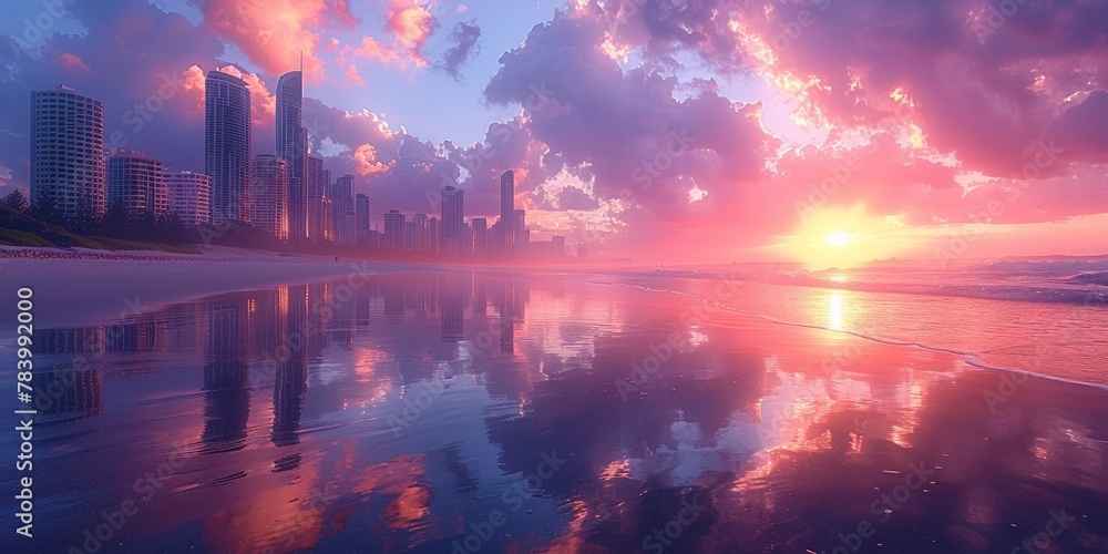 In the serene dawn, the vivid skyline overlooks the ocean, blending with the urban landscape.