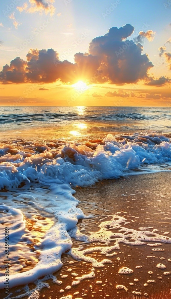 Obraz premium A serene sunrise scene with golden light spilling over gentle waves on a peaceful beach