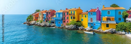 In picturesque coastal village, colorful houses line the vibrant harbor.