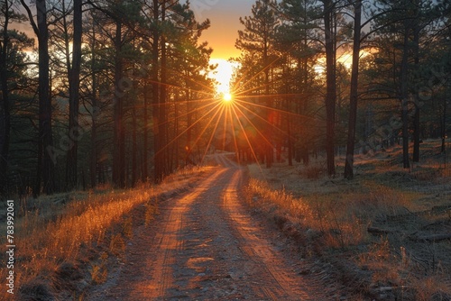 In the serene pine forest at sunset, a tranquil path winds through the autumn landscape.