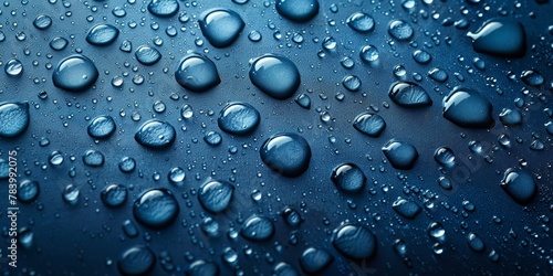 A waterproof surface with waterdrops creates a smooth  shiny  and refreshing abstract backdrop.