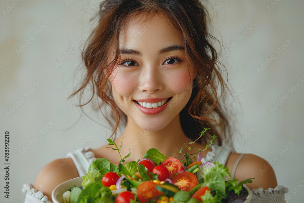 An optimistic, smiling Asian woman holds a bowl of fresh salad, promoting health and wellness. An optimistic, smiling Asian woman holds a bowl of fresh salad, promoting health and wellness.