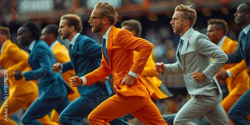 In a corporate marathon championship, stylish runners in formal suits compete fiercely for victory.