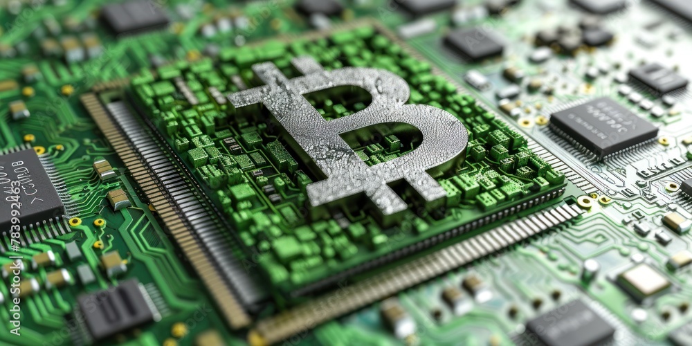 Glowing Bitcoin Unleashing Digital Power on Circuit Board Glowing Bitcoin Unleashing Digital Power on Circuit Board
