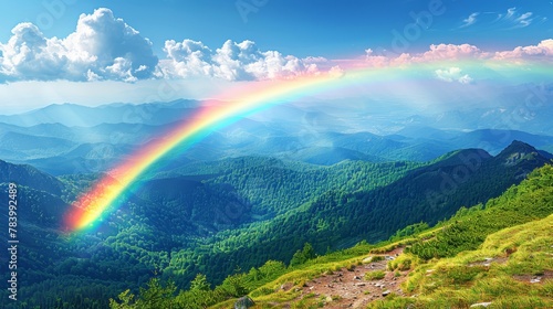  A rainbow arcs above mountain peaks, its colors bright against the sky; a path winds upwards towards their summits