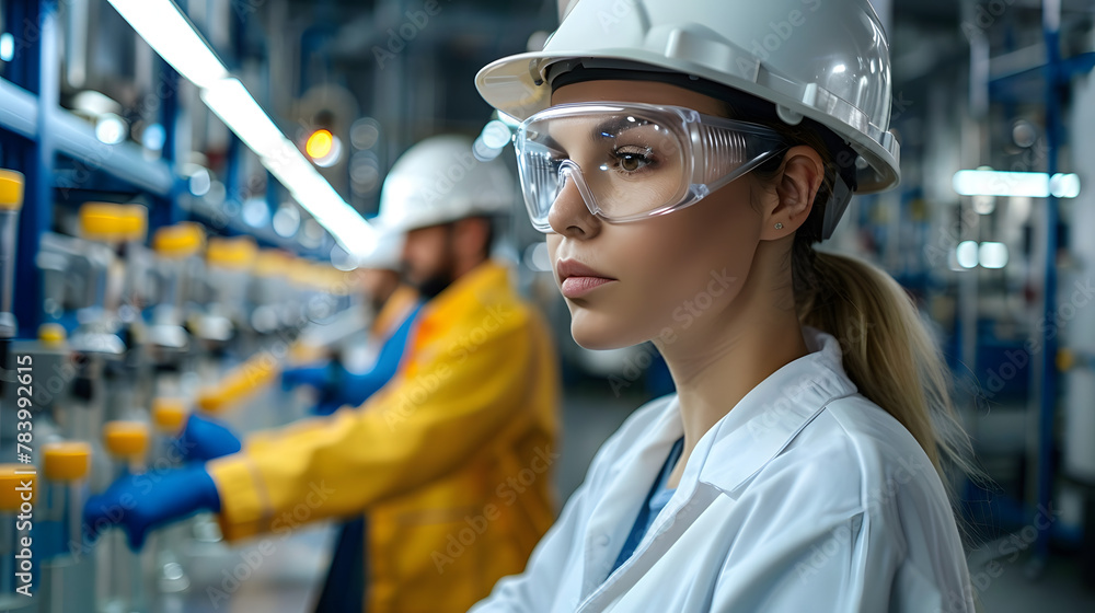 In an industrial setting, technicians and scientists work together to ensure quality control and safety. In an industrial setting, technicians and scientists work together to ensure quality control and safety.