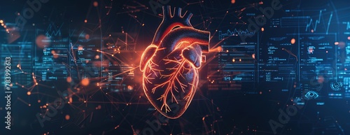 Abstract digital human heart with medical symbols and data visualizations on a dark background #783992613