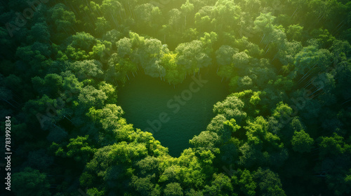 Aerial view of a forest shaped like a heart, nature love concept, with copy space