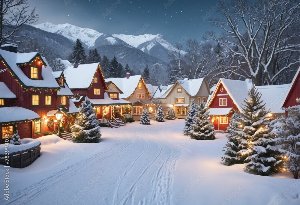 Christmas village with Snow in vintage style in Bright Colours 