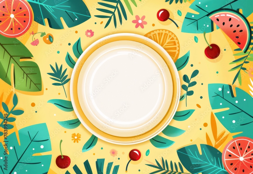Brightly colored summer background with a blank plate to add your own meal or message, framed by tropical elements Brightly colored summer background with a blank plate to add your own meal or message, framed by tropical elements