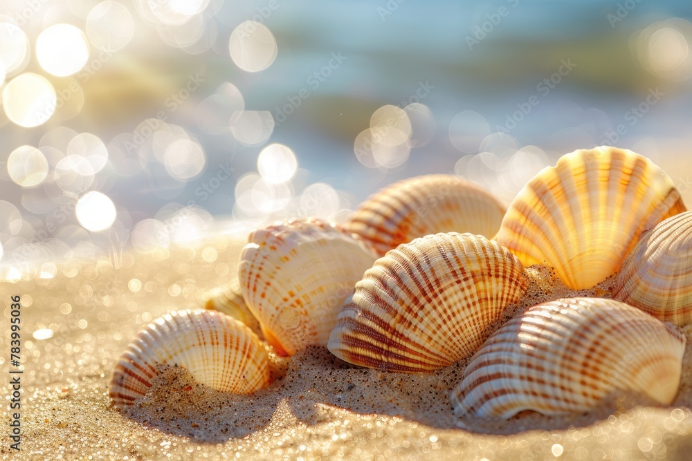Sun-kissed beach with multiple seashells on the shore, offering a sense of marine bounty and natural beauty