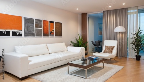 The interior of the modern living room has a white sofa and orange walls in Bright Colours  © Fukurou