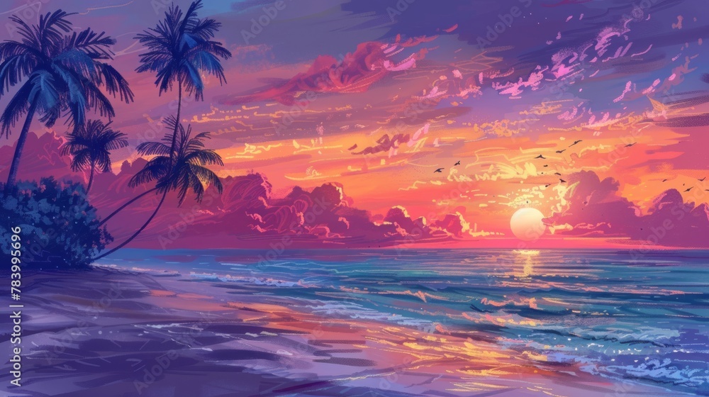 A serene digital artwork capturing the breathtaking view of a tropical sunset and silhouettes of palm trees against a vibrant sky
