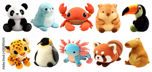 set of animals, soft children's toys isolated on a transparent background, panda, seal, crab, quokka, toucan, leopard, penguin, axolotl, red panda, capybara.