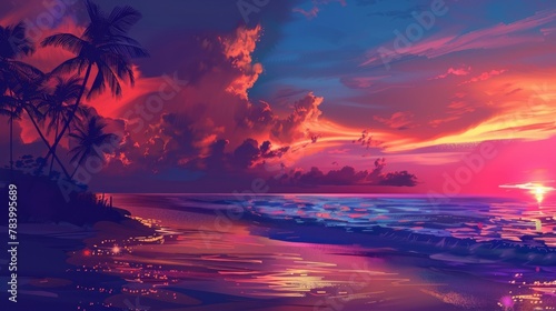 This digital illustration depicts a calm beach as the setting sun turns the sky into stunning shades of red and pink