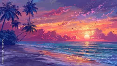 A serene digital artwork capturing the breathtaking view of a tropical sunset and silhouettes of palm trees against a vibrant sky