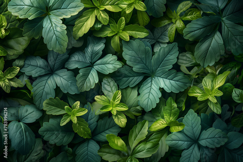 Cluster of green leaves growing on living wall natural wallpaper background