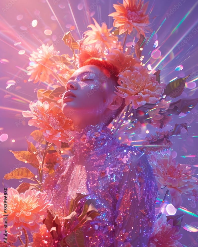 A surreal depiction of a figure adorned in sparkly attire, surrounded by vibrant cosmic-like flowers with radiant light beams