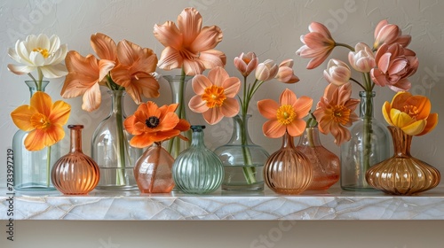   A shelf holds several vases filled with flowers, with a marble slab against the wall beside them