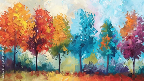 A colorful painting of trees in a landscape. The painting is done in the impressionist style, with thick brushstrokes and vibrant colors. photo