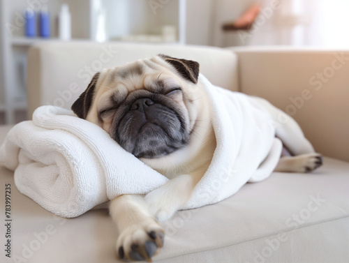 Pug Wrapped in White Towel, Restful Dog, Comfortable Setting, spa concept
