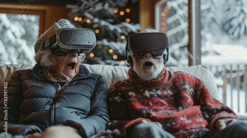 Funny surprised elderly man and woman in virtual reality helmets. AI generation.