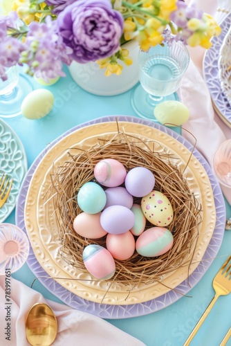 An inviting Easter table arrangement with colorful eggs in a nest, accompanied by fresh flowers and elegant tableware for the festive season photo