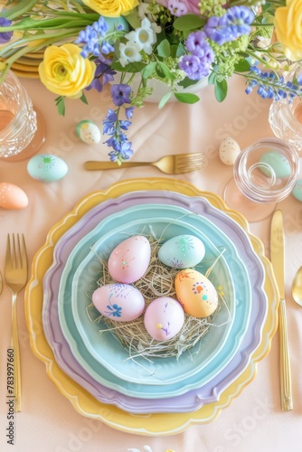 An exquisite festive scene of a table set for Easter brunch with decorated eggs in a nest and colorful flowers enhancing the mood photo