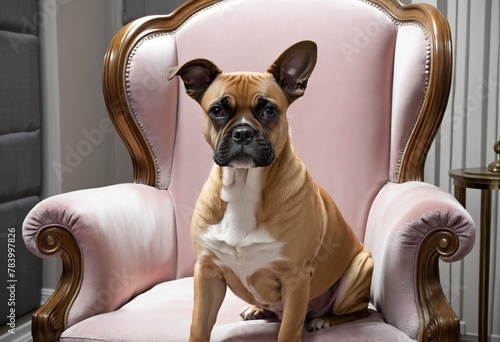 Royal dog sits on an armchair in bright colours 