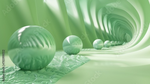 Mint Passage - Spheres lead through a mint green tunnel in a 3D-rendered passage  combining modern design with serene tranquility.