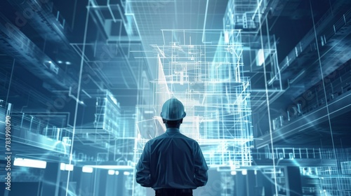 A professional in a hardhat stands before projected holographic building blueprints in a futuristic work setting
