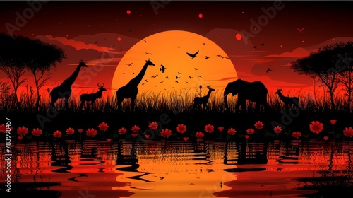  A scene of giraffes grazing atop a verdant field beside a river during sunset