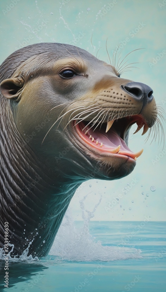 Painted portrait of a sea lion in water in Bright Colours 