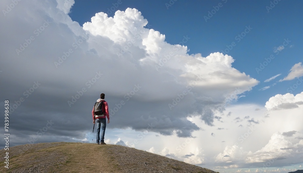 A man with a backpack on top of a hill looking up at the sky in Bright Colours 